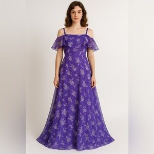 Vintage 70’s ILGWU Purple Floral Off Shoulder Long Dress Handmade Dress Maxi